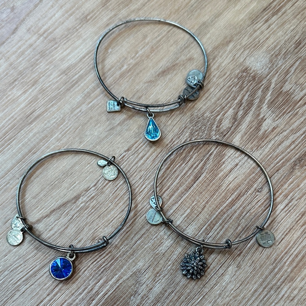 Alex and Ani Silver Bracelets with Blue and Silver Charms